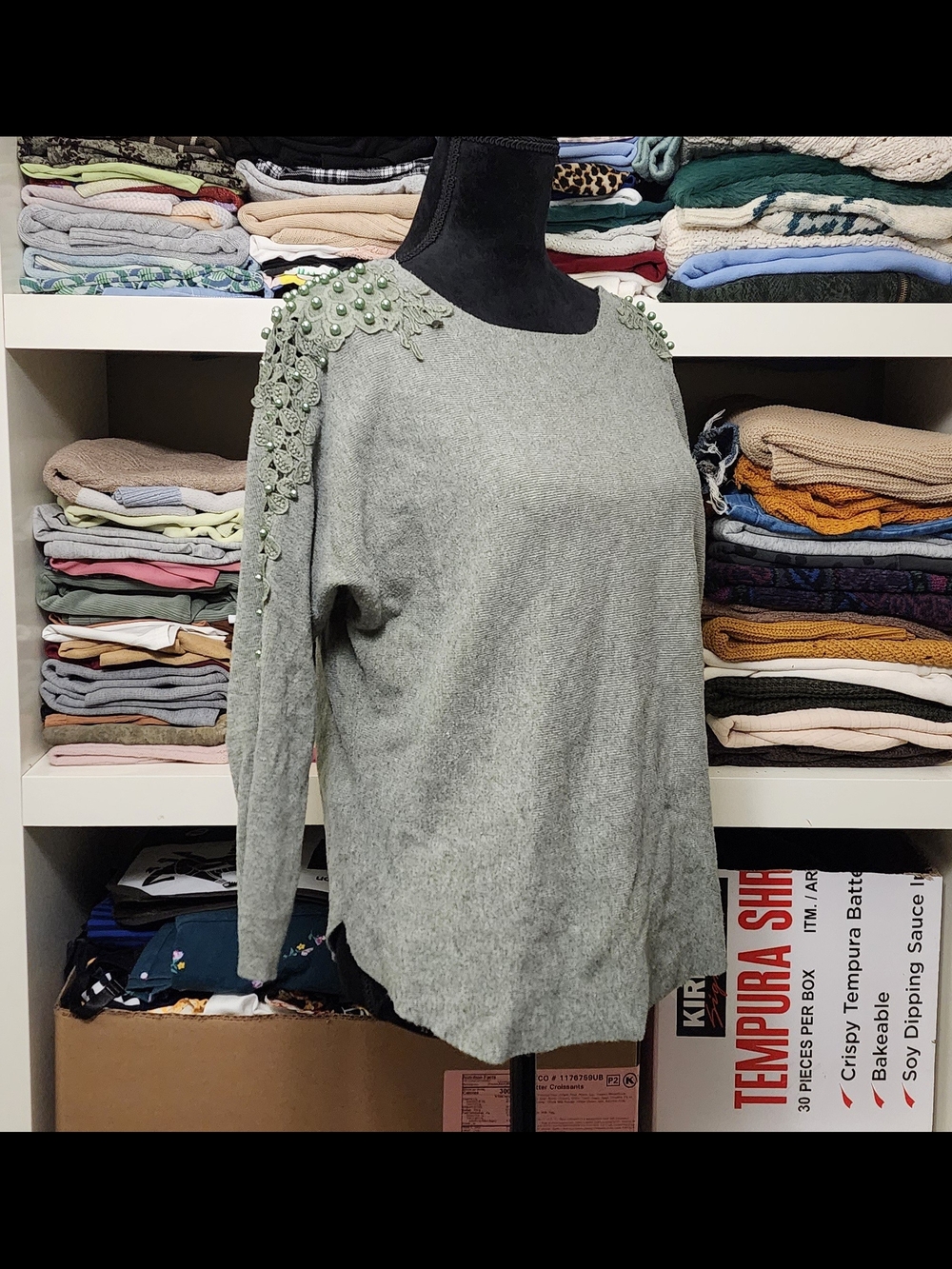 Crewneck Sweater with Beaded Shoulder Detail - Sage Green
